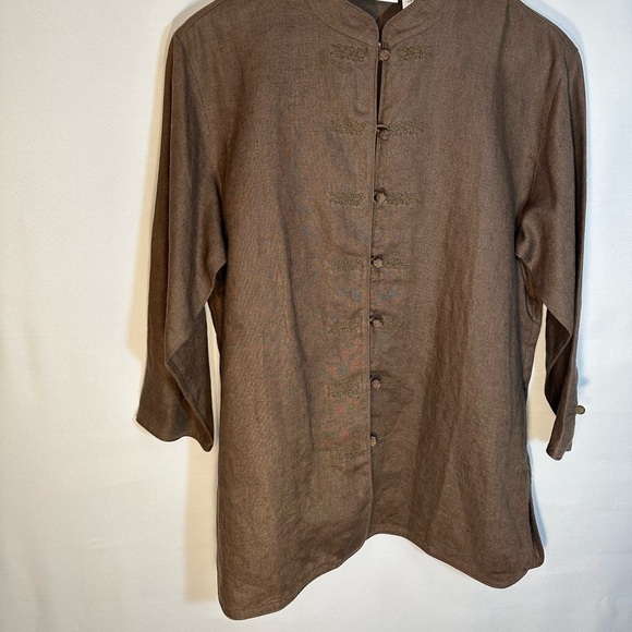 Chico’s Olive Green Tian 100% Linen Asian Art Jacket Blazer Coat Long Sleeve 2 - Picture 3 of 13